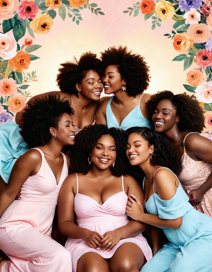 A diverse group of confident individuals embracing their voluptuous bodies in a romantic setting, radiating joy and self-love. Incorporate elements of soft pastel colors, flowers, and heart motifs to symbolize love and acceptance. Include warm lighting that evokes a cozy atmosphere, with people sharing genuine laughter and affectionate gestures. Emphasize body positivity through playful poses and happy expressions. vibrant colors. soft focus.