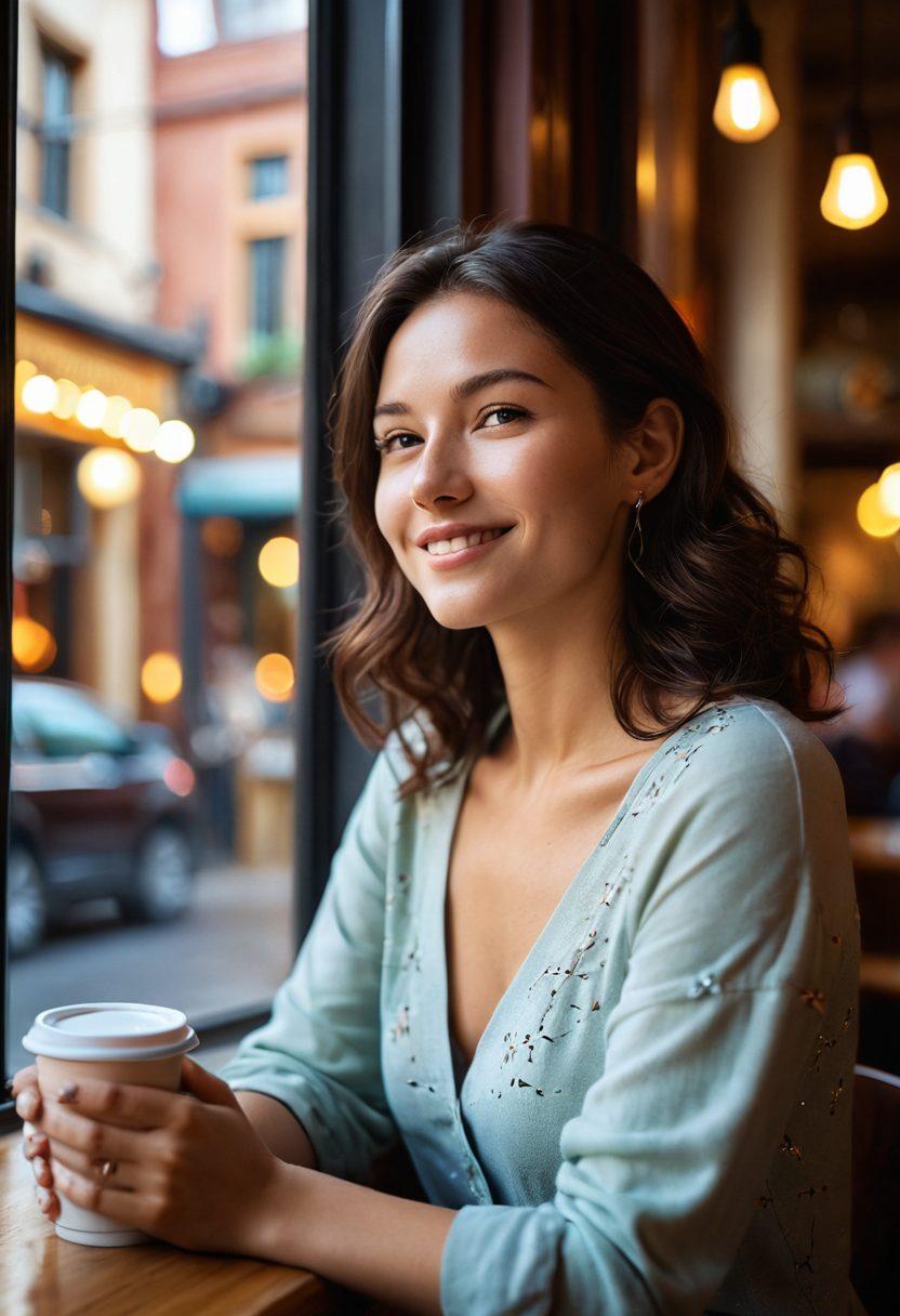 A warm, inviting scene of a woman sitting peacefully in a cozy café, looking confidently out the window with a thoughtful smile. Surround her with subtle symbols of self-acceptance, like a blooming flower beside her, and soft light illuminating her face, conveying an atmosphere of hope and personal growth. Background should hint at a bustling city, representing the dating world. super-realistic. vibrant colors. soft light.