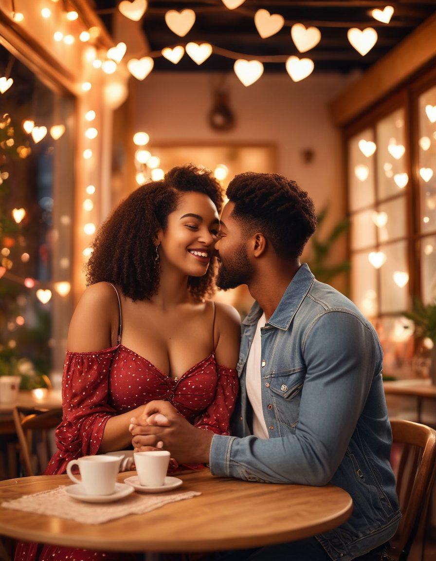 A joyful couple of diverse backgrounds sharing a romantic moment in a cozy, warm-lit café. The woman is confidently showcasing her curvy figure in a stylish outfit, exuding self-love and radiating passion. Soft, colorful hearts float around them, symbolizing celebration of love and connection. The background features delicate decorations and glowing fairy lights, enhancing the inviting atmosphere. vibrant colors. soft focus. romantic style.